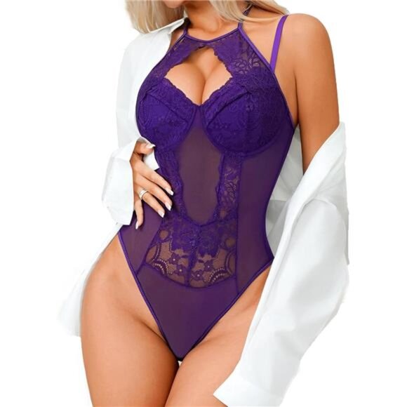 Women Teddy Lingerie Sexy Snap Crotch Lace Bodysuit Purple - Picture 1 of 5